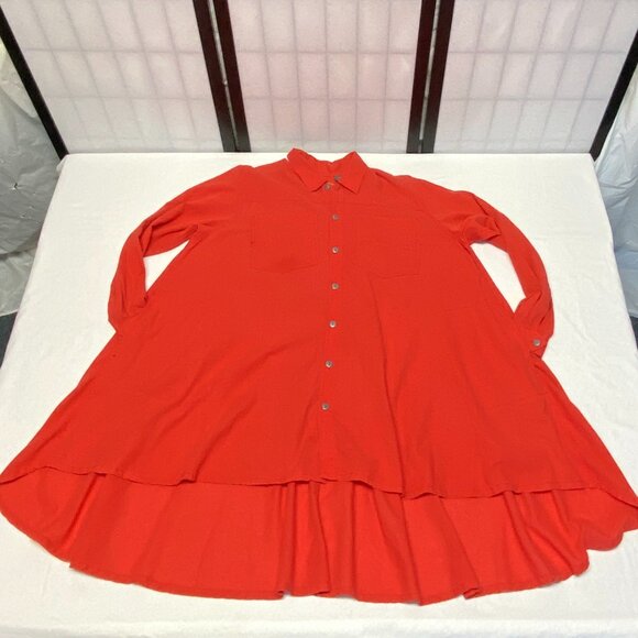 LizWear Button Front Collared Pocket Hi Low Safari Shirtdress S Long Sleeve Red - Picture 8 of 14
